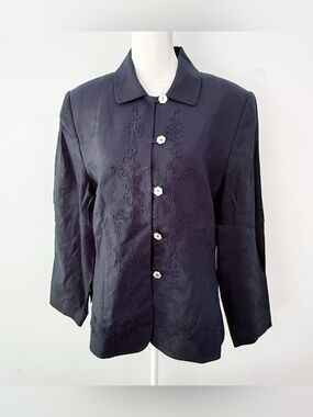 Vintage Women 100% Linen Embroidered Blazer Black Size 8 Office Modest Neutral